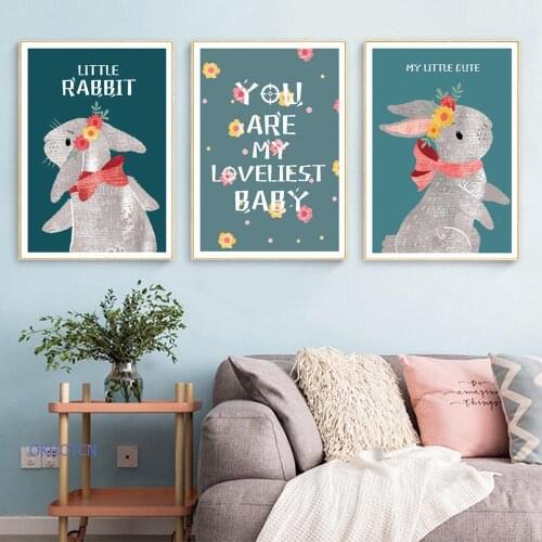 Kids Baby Girl Room Nursery Decor Rabbit Canvas Painting Wall Art Cartoon Nordic Poster Cute Unframed Decorative Pictures