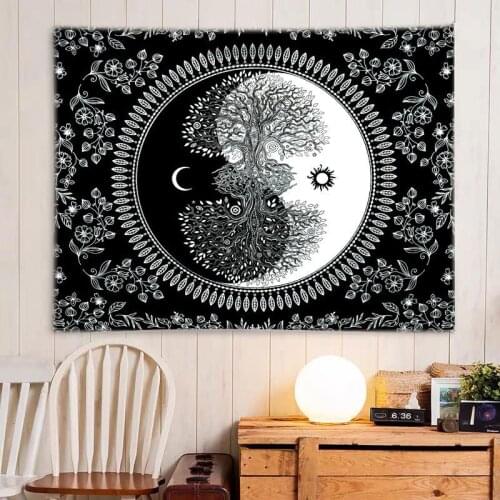 Ying yang tapestry moon sun tree wall blanket trippy bohemian black tapestry wall sheet