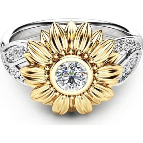 Exquisite Womens Two Tone Silver Floral Ring Round Diamond Gold Sunflower Jewel Cute Sunflower Flower Ring Fashion Crystal Ring