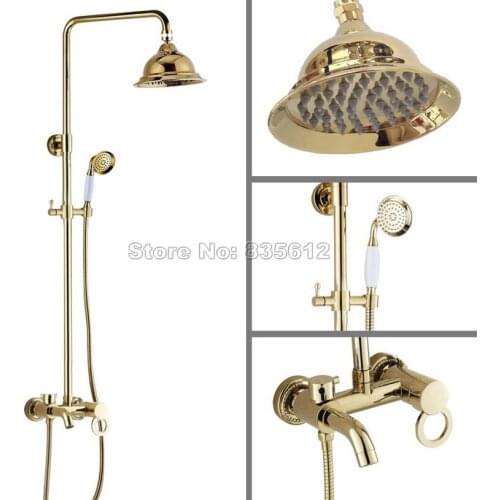 Gold Color Brass Luxury Single Handle Rain Shower Faucet Set with Handheld Shower Bathroom Wall Mounted Bathtub Mixer Tap Wgf416