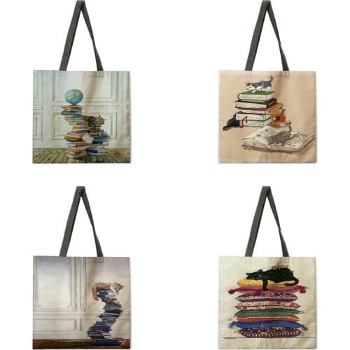 Cute cat lady printed tote bag linen shopping bag tote bag outdoor beach bag reusable shopping bag everyday