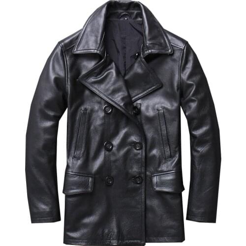 Mens Genuine Leather Jackets and Coats Real Cow Cowhide Luxury Trench Style Double Breasted Autumn Winter Outerwear Overcoat Men