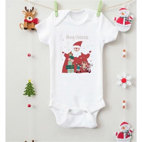 New Fashion Newborn Merry Christmas Santa Graphic Printed Summer Cute Cartoon Baby Romper Infant Short Sleeve White Onesies