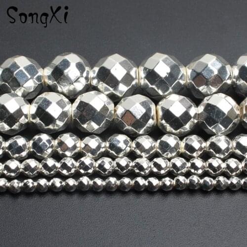 Wholesale Faceted Silver Plated Hematite Loose Beads Natural Stone for Jewelry Making Diy Necklace Bracelet 3/4/6/8/10mm 15 Inch