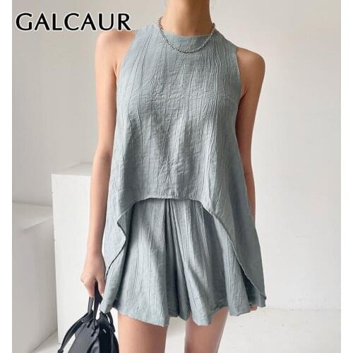 GALCAUR Casual Two Piece Set Women Round Collar Sleeveless Tops High Waist Wide Leg Shorts Loose Solis Short Suits Female Summer