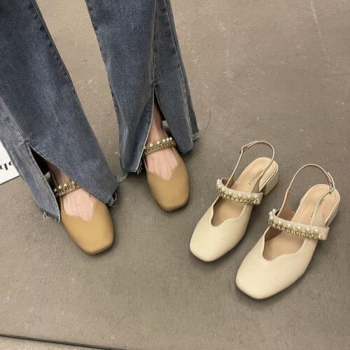 Women Summer Shallow Sandals Strap Slip on Slingback Sandals Chunky Single Shoes Pearl Fashion Single Shoes