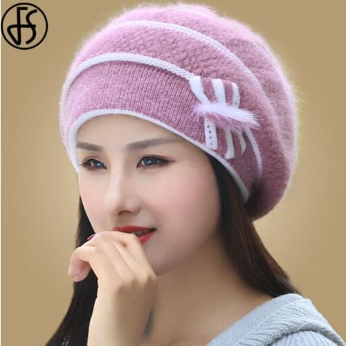 FS Winter Hats For Women Beret Angora Knit Hat Warm Flower Bow Fashion Double Layers Thermal Snow Caps Berets Femme Hiver