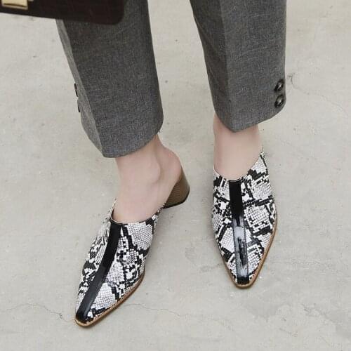 YMECHIC 2019 Spring Summer Closed Toe Block High Heel Pumps Snake Stripe Womens Mules High Heels Shoes Slippers Large Size 43