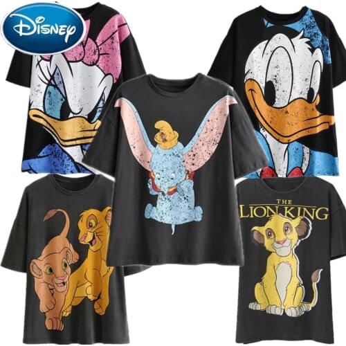 Disney Cartoon Cotton T-Shirt Women 2021 Summer Casual Mickey Mouse Daisy Duck Tshirt Women Vintage Streetwear Tee Tops T-Shirts