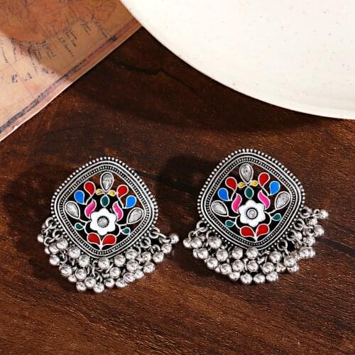 Classic Silver Color Ladies Earrings Turkey Bijoux Vintage Bohemia Corful Flower Earrings Ethnic Tribe Indian Jewelry