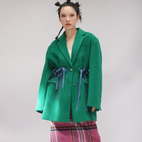 2019 Autumn and winter womens loose bow ribbon decorative folds green waist woolen blazer Parkas Tide blazer feminino