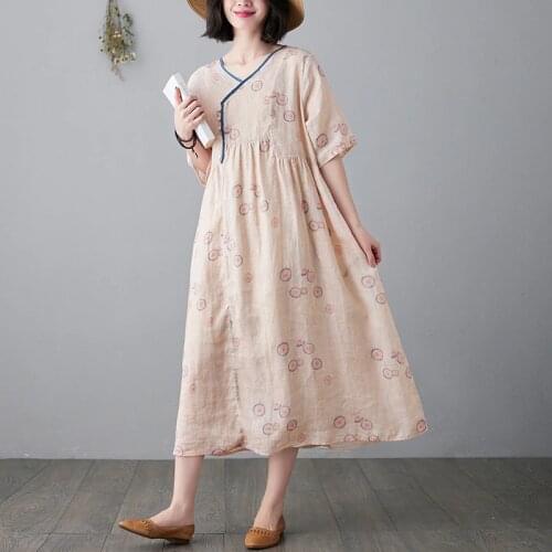 Short Sleeve Soft Cotton Linen Loose Travel Casual Beach Style Dress 2021 New Arrival Women Summer Dress Chinese Style Dress