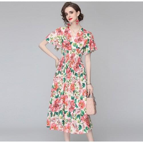 Runway Summer Floral Midi Dress Womens Sexy V-Neck Bawting Sleeve Chic Flower Print Elastic Waist Beach Dresses k9121