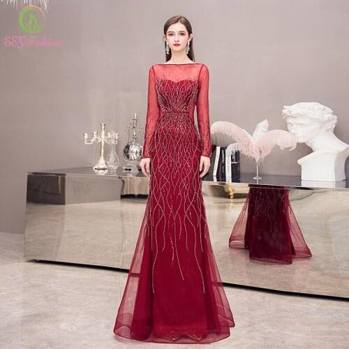 SSYFashion New High-end Burgundy Mermaid Evening Dress Luxury Long Sleeve Sequins Beading Floor-length Formal Prom Gowns