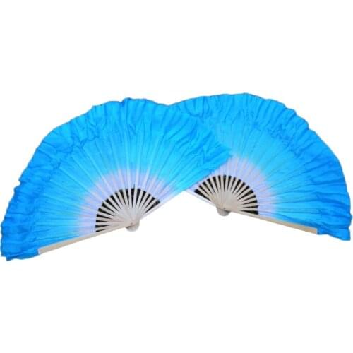 Can Be Customized 100% Silk Belly Dance Short Fans White Turquoise Gradient Colors Double Layered Dance Silk Short Fans 1 Pair