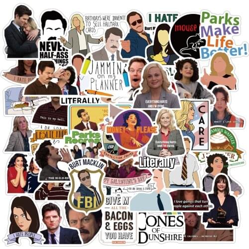 10/50pcs Comedy Parks And Recreation Sticker For Skateboard Luggage Photo Notebook Laptop Decals Phone Case Kids Diy Clothes