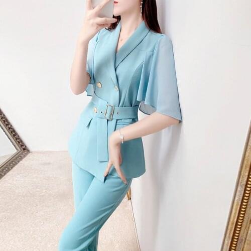 2021 Womens Office Suit Fashion Blazer Pantsuit temperament socialite suit suit female summer fashion waist blue suit two sets