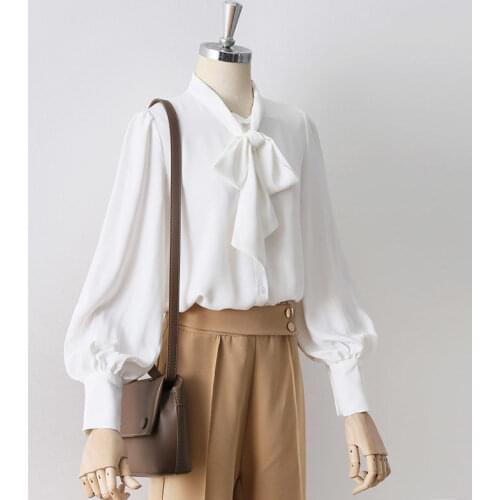 Bow White Chiffon Shirt Female Bishop Sleeves Top Professional Blusas Ropa De Mujer
