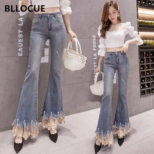 BLLOCUE 2020 Autumn New Vintage Old Stretch Denim Trousers Female Slim Beaded Lace lace Flared Pants