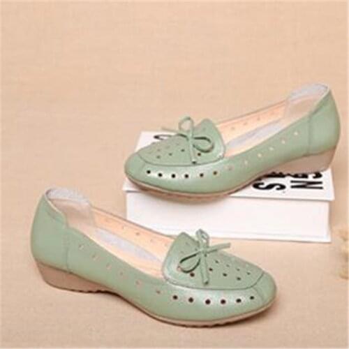 Breathable Genuine Leather Summer Shoes Woman Flat Low Heel Bowknot Hollow Out Leather Slip On Shoes For Women Butterfly-knot