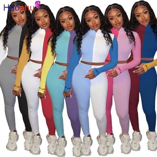 HAOOHU Patchwork Knitted Lucky Label Womens Set Zipper Top Leggings Pant Set Tracksuit Ribbed Two Piece Outfits Sweatsuit