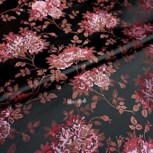 Chinese Classics Brocade jacquard red rose black Satin silk fabric Satin de soie Satén шелк hanfu cloth DIY patchworkbag