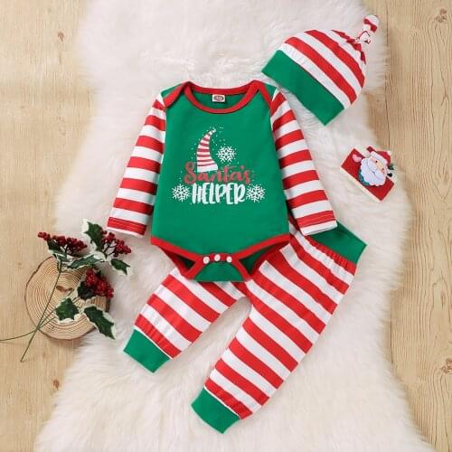 3Pcs Baby Christmas Clothes Letter Print Stripe O-Neck Long Sleeves Romper Striped Pants Hat Cotton Newborn Baby Girls Boys Set