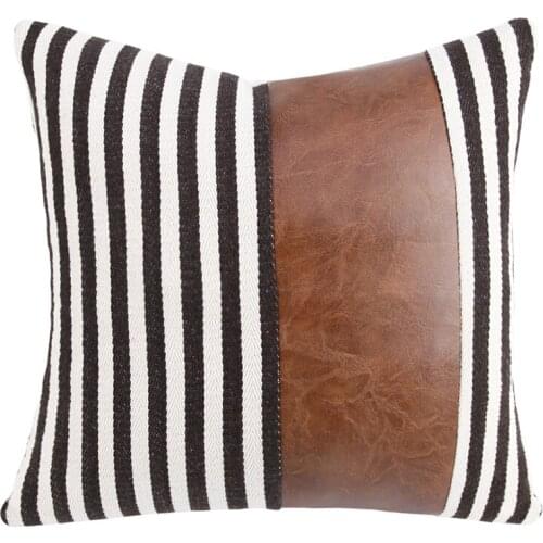 Brown PU Leather Cushion Covers Linen Stripe Decorative Throw Pillow Case for Sofa Bed Car Seat Home Pillow Cover 45x45cm
