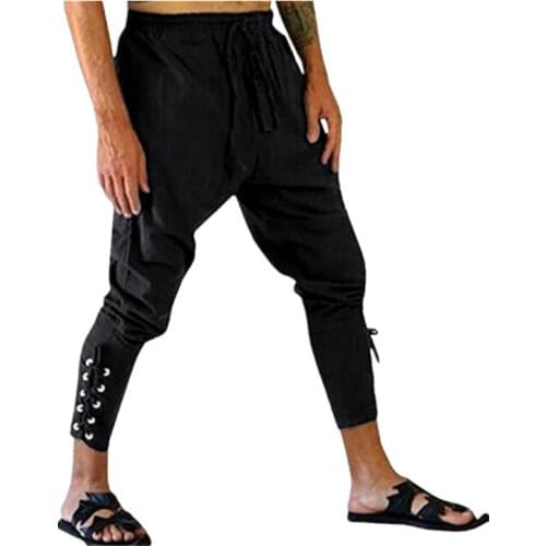 5XL Adult Man Medieval Viking Pirate Cosplay Costume Lace-Up Bandage Pants Larp Capris Trousers Vintage Woven Cotton Joggers Men