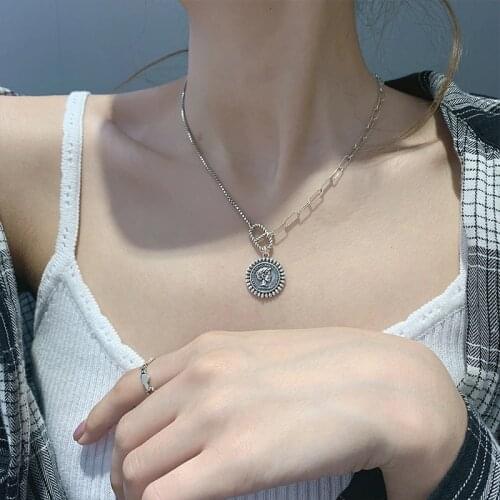 S925 Sterling Silver Coin Round Card Necklace Female Vintage Gothic Design Hot Fashion Chain Fine Jewelry Girls Statement