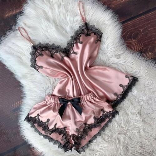 Plus Size Sexy Lingerie Exotic Set Women Satin Lace V-neck Camisole Bowknot Shorts Set Lace Sleepwear Pajamas Femme Sexy Set