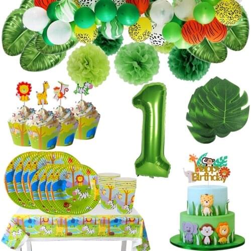 Jungle Safari Animal Tableware Green Number Balloons Cupcake Toppers Birthday Kids Baby Shower Jungle Birthday Party Supplies