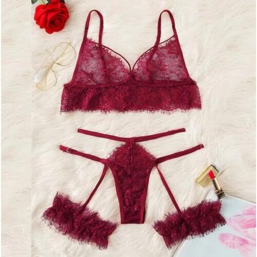 Sexy Lingerie Set Transparent Lace Womens Underwear Porn Bra Thong Garter Erotic Costumes Sex Temptation Hollow Out Lenceria