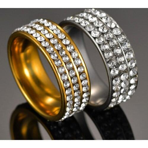 High Quality Luxury Stainless Steel Ring 3 Rows Gold Color Crystal Ring Wedding Rings for Women Men Jelwery