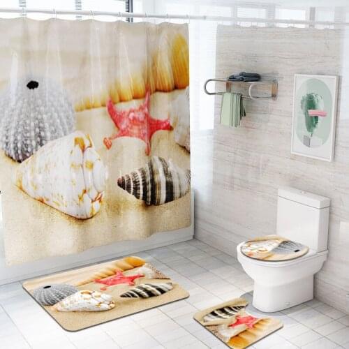 3D Seaside Beach Shell Print Shower Curtain 4 Piece Carpet Cover Toilet Cover Bath Mat Pad Set Bathroom Curtain with 12 Hooks
