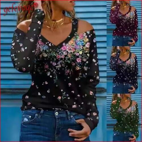 2021 Autumn Plus Size Women Clothing Casual Sexy Off Shoulder Tunic Tops Long Sleeve V-neck Floral Print Streetwear Tees T-shirt