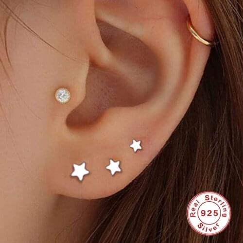 AIDE 925 Sterling Silver Star Diamond Stud Earrings For Women Mini Cubic Zirconia Jeweled Geometric Ear Stud Set Jewelry Gift CZ