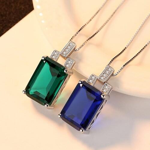 AMORUI Blue Crystal 925 Sterling Silver Pendant Necklaces Geometric Shaped High Quality Natural Stone AAA CZ Luxury Necklaces