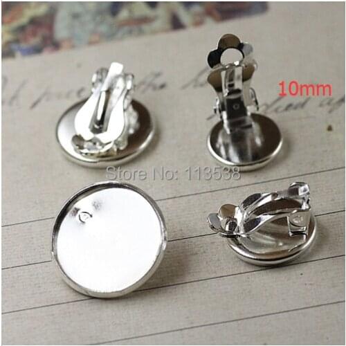 Free shipping 200pcs 10mm Silver plated Flat Pad Clip On Earring Findings/Round Cabochon Settings Earring Clips earrings