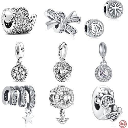 925 Sterling Silver White Pave Dog Paw Bow Cross Bead Fit Original Pandora Bracelet&Bangle Making Fashion DIY Jewelry For Women