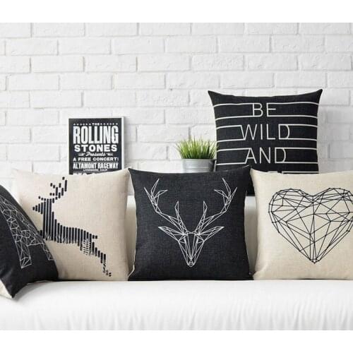 Cushion Geometric animal black and white Deer Heart Letter pattern sofa pillowcase linen cotton cushions pillow Cover 45x45cm