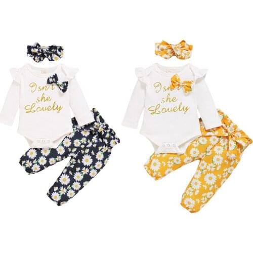 Baby Girl Floral Pant Outfit Long Sleeve Ruffle Bodysuit Romper Floral Pants Headband 3Pcs Fall Winter Clothes Set