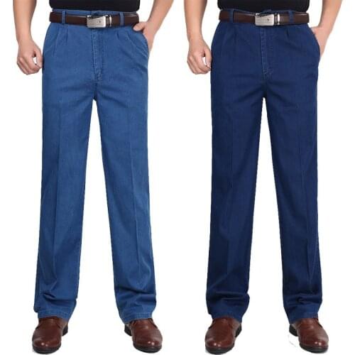 Summer Thin Double Pleated Mens High waist jeans Loose Stretch Straight Casual blue Denim trousers More Size 30-44 46
