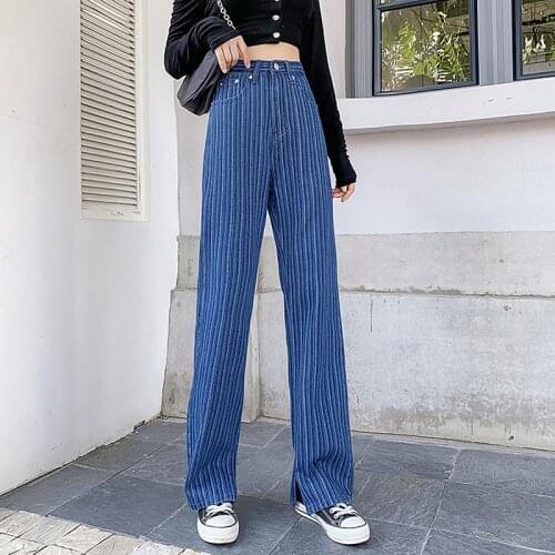 Streetwear High Waist Striped Jeans Woman 2021 Plus Size Mom Wide Leg Jeans Denim Pants Trousers Jean Femme