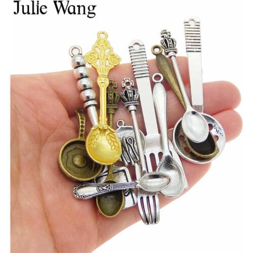 Julie Wang 12PCS Mixed Spoon Saucepan Fork Charms Alloy Kitchenware Tableware Bracelet Jewelry Making Pendant Metal Accessory