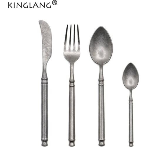 KINGLANG 4pcs/Set Retro Snow Sand Stainless Steel Steak Flatware for Household Western Food Tableware Hotel Supplies Spoon