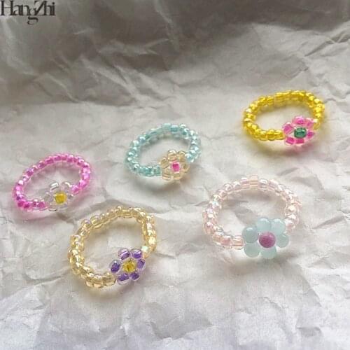 HangZhi 2020 New Korean Summer Cute Transparent Crystal Butterfly Colorful Handmade Beaded Rings for Women Girls Jewelry