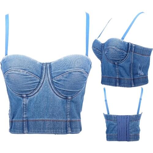 Summer Sexy Denim Camisole Women Ladies Adjustable Shoulder Strap Non-slip Steel Ring Slim Fitting Back Button Cami Top