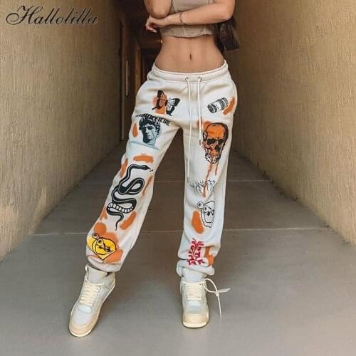 Fashion Cartoon Skulls Print Women Pants Casual Bandage Long Pant Woman Clothes Pocket Trousers Autumn Winter Women Streetwear