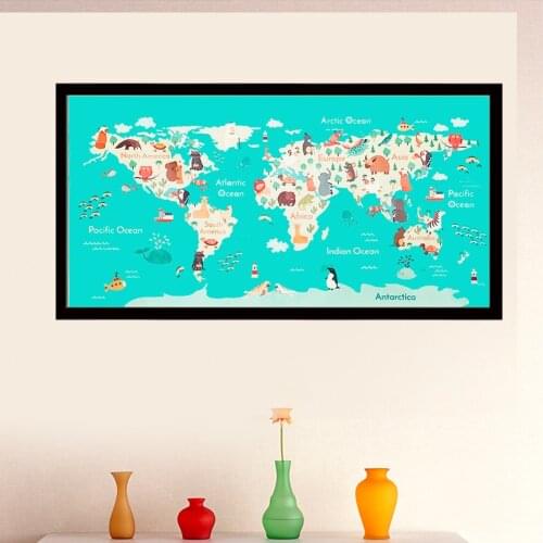 Cartoon Animals World Map Canvas Painting Printed Non-woven Wall Art Poster Children Geography Education Prints Home Decoration